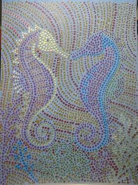 Under the sea  Metallic Ink Seahorse Art. Hand painted dot art